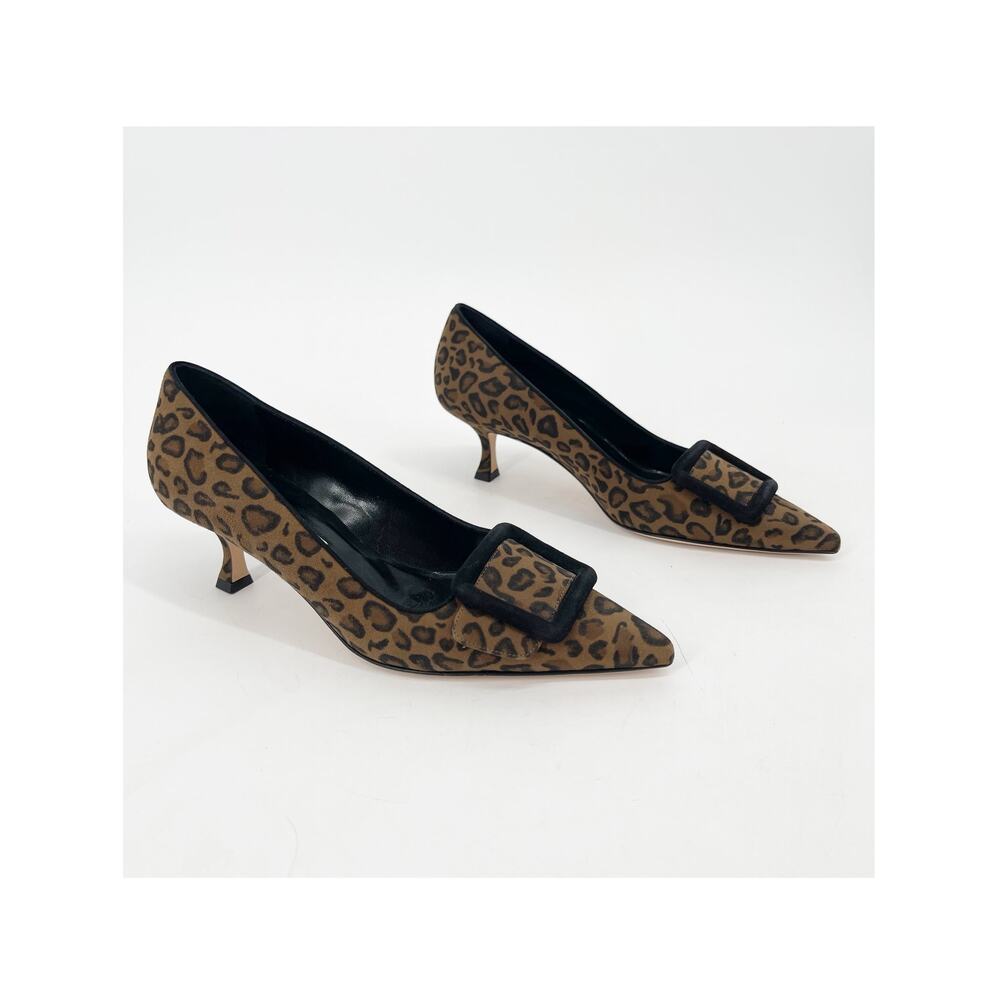 Manolo Blahnik Leopard Calfskin Suede Maysale Buckle Kitten Heel Pumps IT 39